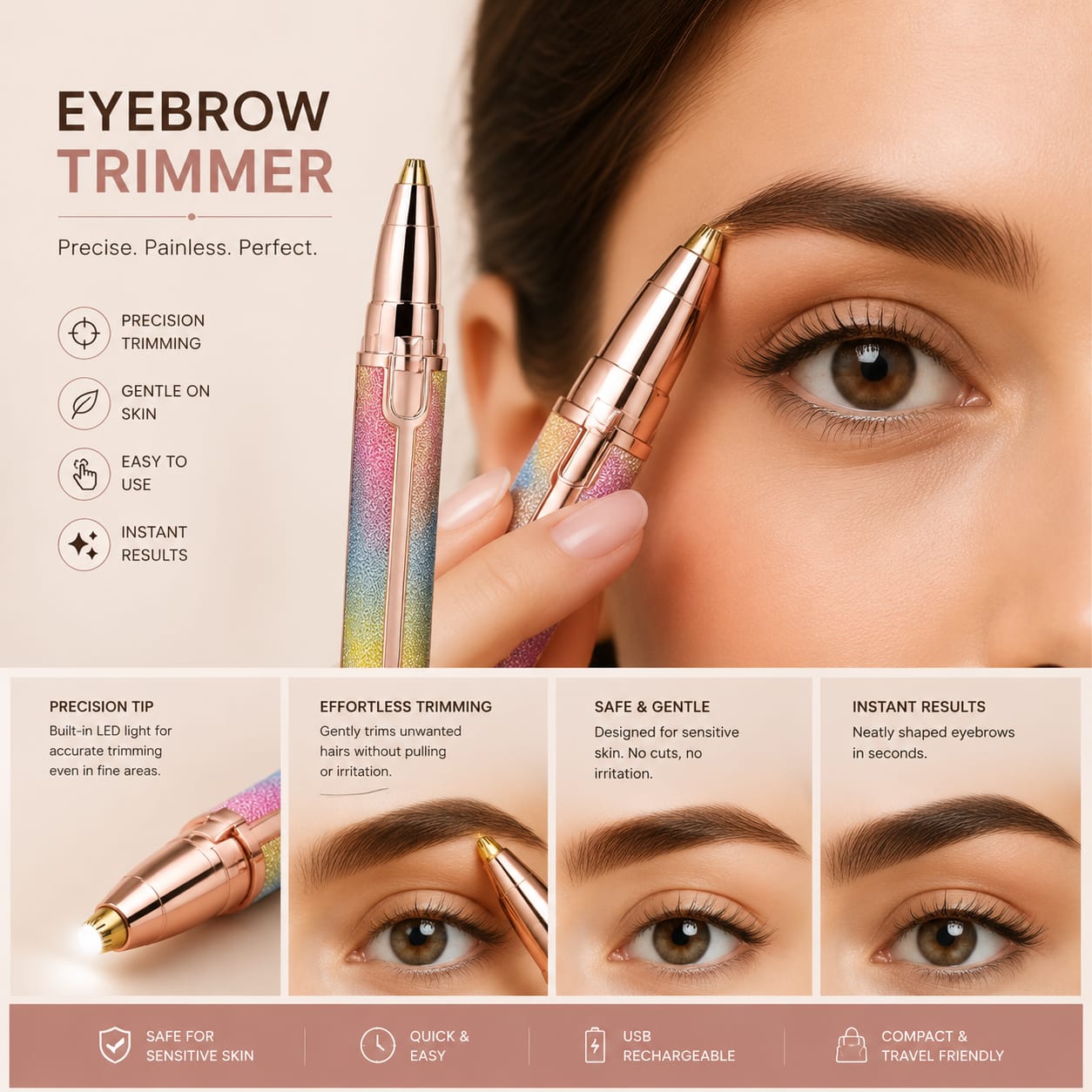 2-in-1 Rechargeable Eyebrow Trimmer for Women | Painless Facial Hair Remover