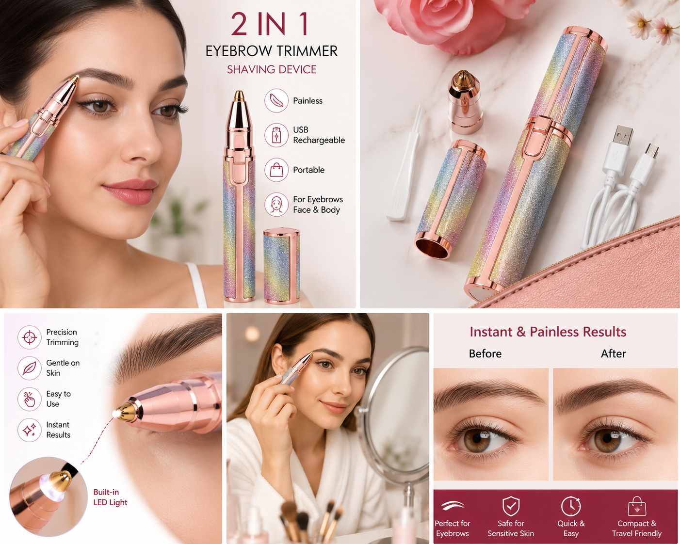 2-in-1 Rechargeable Eyebrow Trimmer for Women | Painless Facial Hair Remover
